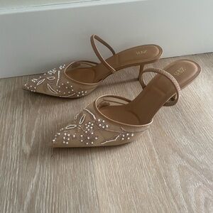 Zara Tan Embroidered Mesh Pointy Toe Heels